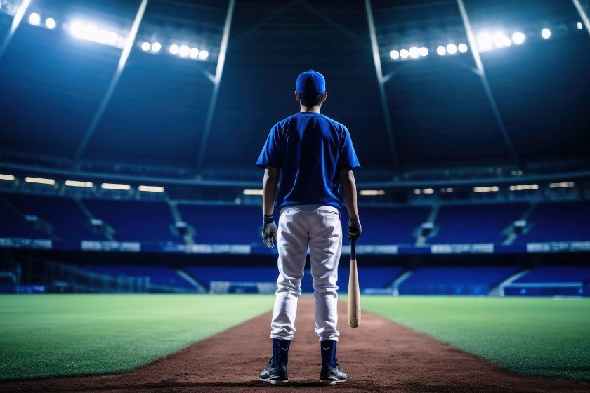 A baseball player in a big stadium